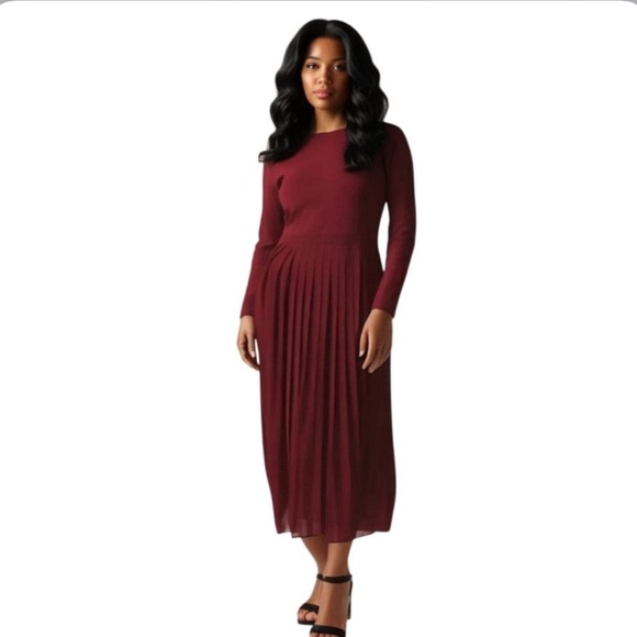 J. Crew Factory Burgundy Pleated Midi Dress - Picture 1 of 6